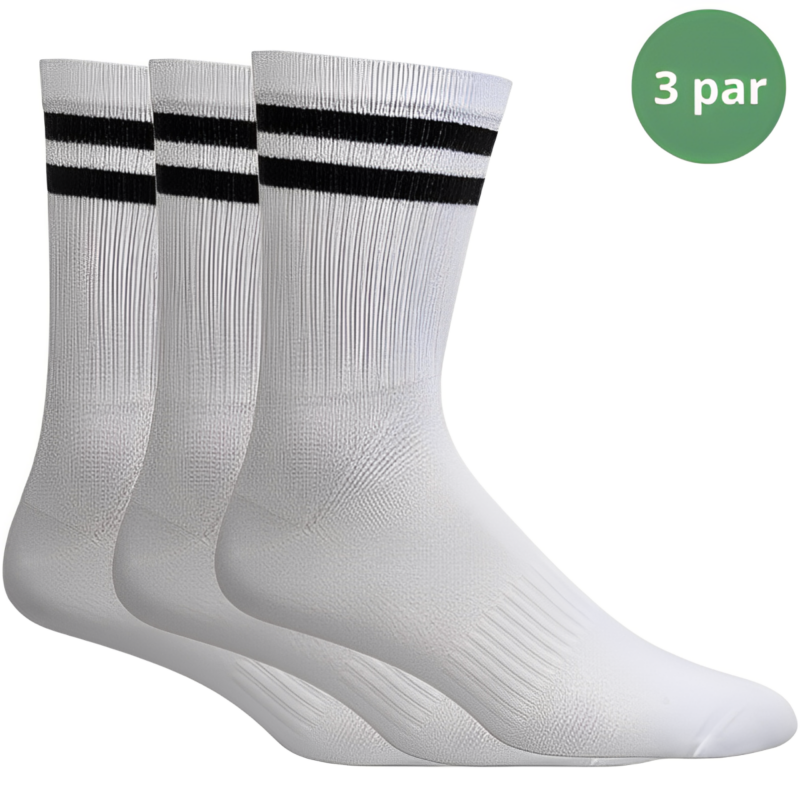 3 par hvide tennissokker med 2 sorte striber