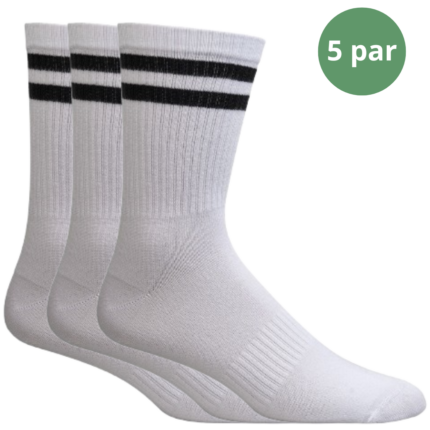 5 Par Hvide Bambus Tennissokker med sorte striber
