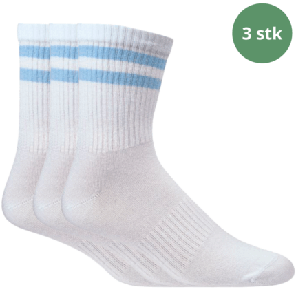 3 par hvide bambus tennissokker med lyseblå striber