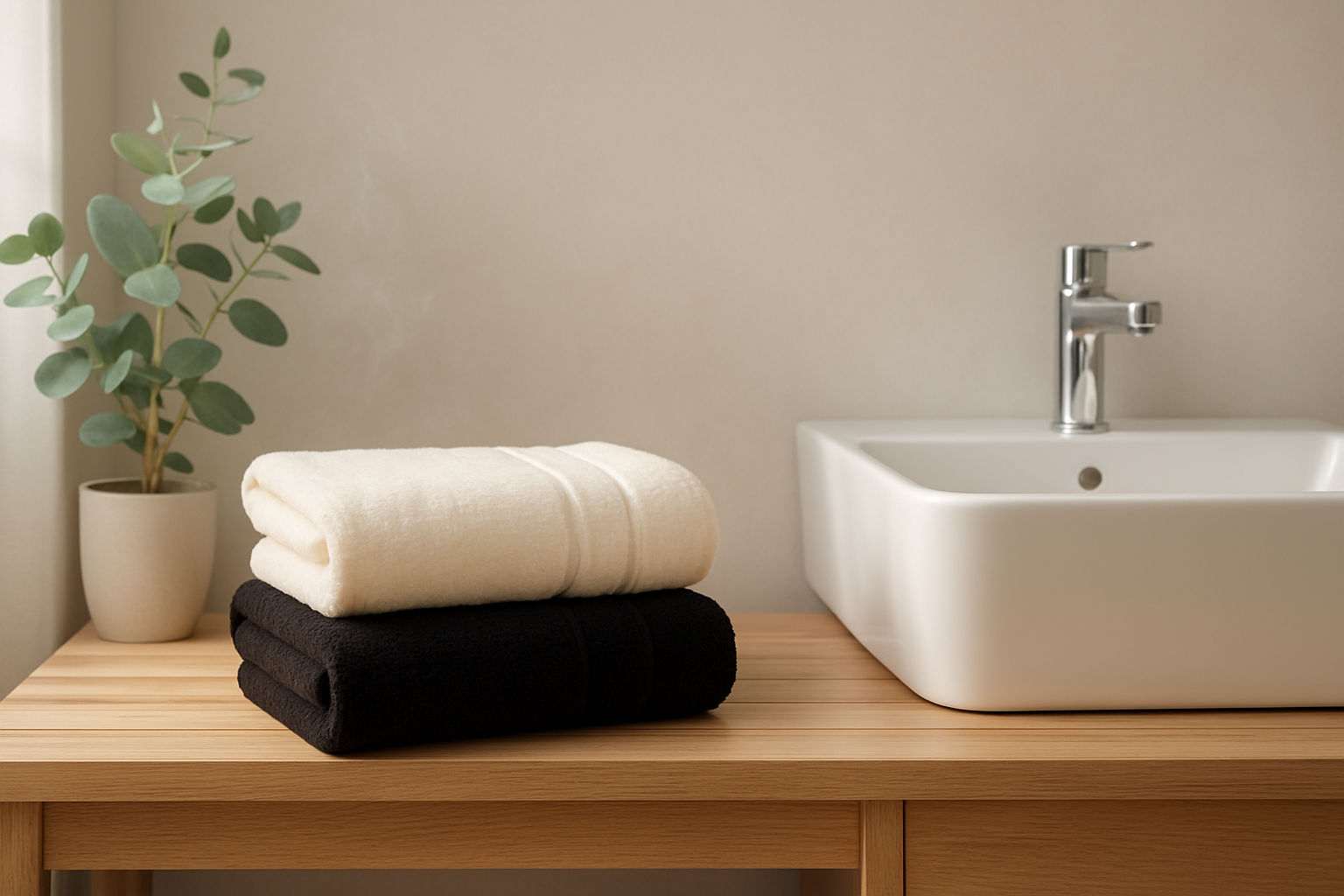 Badeværelse med bambus håndklæder og grøn plante